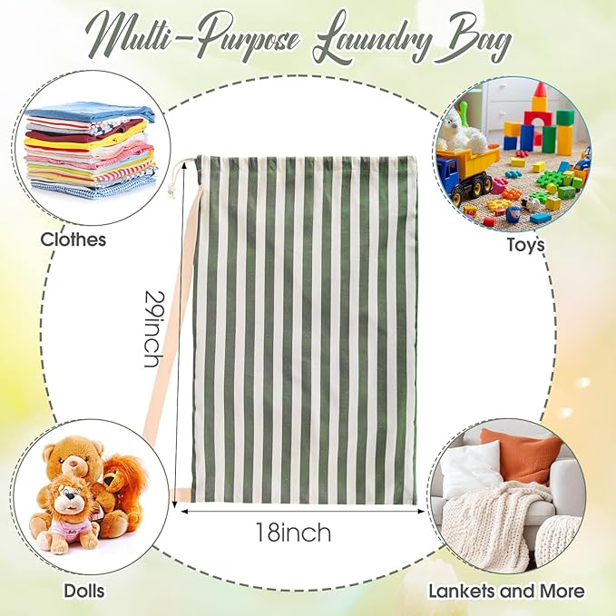 SATINIOR 2 Pcs Stripe College Laundry Bag Green Beige Canvas Travel Laundry Bags with Drawstring Shoulder Straps 29" x 18" Washable Dirty Clothes Hamper Organizer for Dorm Laundromat Apartment Camping