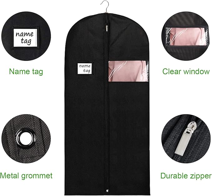 KEEGH Garment Bags for Hanging Clothes 60" (Set of 10) Dress Bags for Gowns Long Dress Bags for Closet Storage with Zipper and Eye-Hole for Folding for Suit Coats Dresses, Black