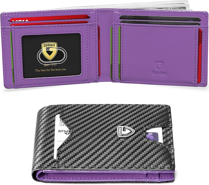 GSOIAX Slim Wallet for Men Rfid Blocking Leather Bifold Front Pocket Carbon Fiber Credit Card Holder Novelty Wallets With Gift Box (Carbon Black and Purple)