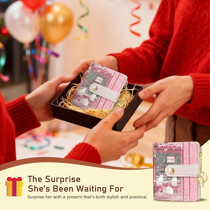Jogjam Cute Kawaii White Cats Rfid Ladies Wallet, Small Credit Card Women Wallet, Japanese Dessert House PU Leather Bifold Cash Zipper Coin Pocket for Female