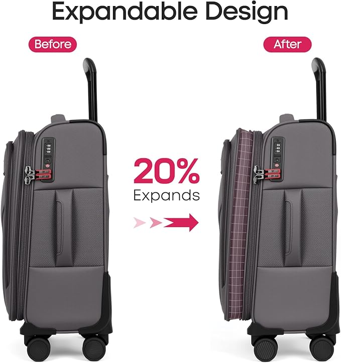 3PCS Set Softside Luggage Sets w/ Spinner Wheels,Expandable 20% Suitcase Upright Spinner Softshell w/TSA LOCK, Lightweight Durable Rolling Travel Luggage Set for Men/Women（Grey,22in/28in/32in）