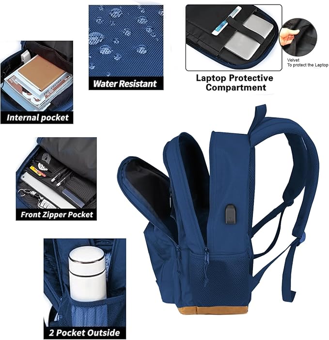 KEOFID Classic Travel backpack for Men and Women, Anti Theft Laptop Backpack with USB Charging Port for Work, Large Bag for College, Water Resistent(Blue 19inches)