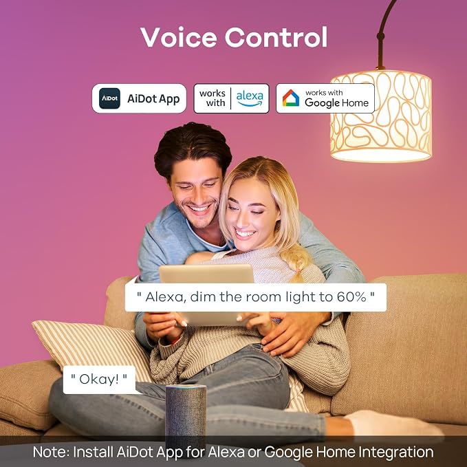 Linkind Smart Light Bulbs, Work with Alexa, Google Home, AiDot | Led Color Changing Light Bulb RGBTW, 2.4G WiFi+Bluetooth, 104 Preset Scene, Music Sync, DIY, Dotis, A19 E26, 60W 800LM, 1Pack