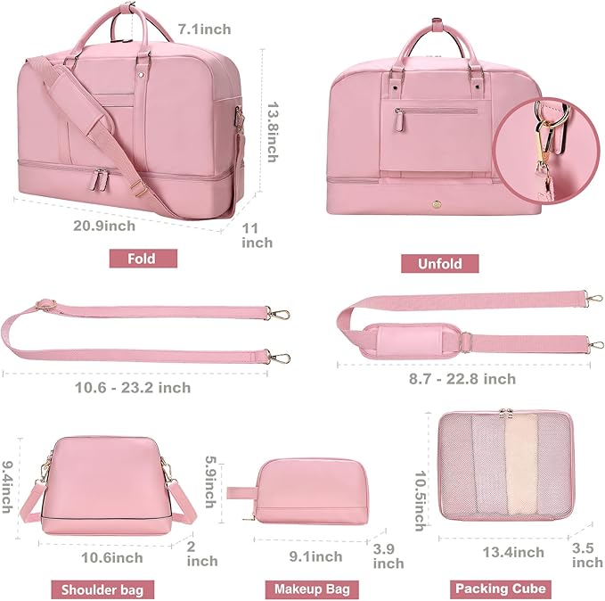 Weekender Bag for Women Men, Large Overnight Bag Faux Leather Travel Duffel Bag with Shoe Compartment Toiletry Packing Cube Carry On Bag Fit 21" Laptop 3Pcs Set (4PCS Pink)