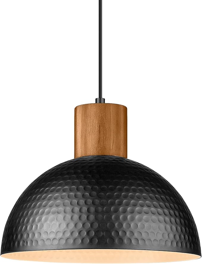 ELYONA 12" Hammered Metal Pendant Light, Rubber Wood Dome Hanging Lamp, Modern Pendant Light Fixtures for Kitchen Island, Bar, Farmhouse Dining Room, Bedroom, Hallway - Black