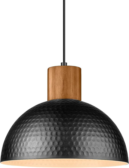 ELYONA 12" Hammered Metal Pendant Light, Rubber Wood Dome Hanging Lamp, Modern Pendant Light Fixtures for Kitchen Island, Bar, Farmhouse Dining Room, Bedroom, Hallway - Black