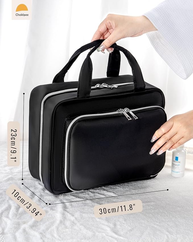 Travel Hanging Toiletry Bag for Women - Waterproof Cosmetic Organizer with Clear Window, Lightweight Bathroom Bags for Essentials, Makeup, Shampoo, Toiletries Black,Large