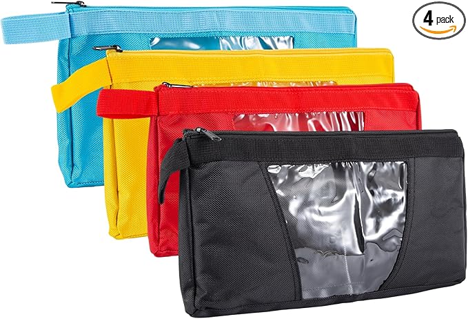QCWN 4 Pack Tool Pouches with Zipper - 13.7" Heavy Duty 1680D Small Tool Bag with Clear Window - Waterproof Utility Storage Organizer for Electrician, HVAC, Mechanic (Red/Yellow/Blue/Black)