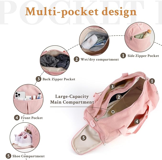 2PCS Cute Gym Bag for Girls, Corduroy Duffle Bag with Wet Pocket & Shoe Compartment and item bag, Duffle Bag for Travel, Sports, Fitness & Workout