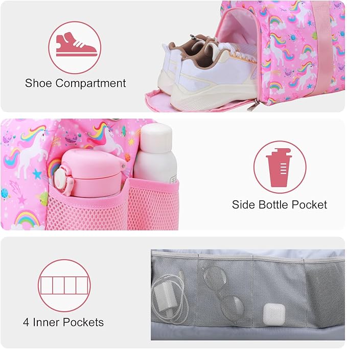 Gym Travel Duffle Bag for Girls - Gymnastics Sports Dance Bag with Shoe Compartment & Wet Pocket Unicorn Kids Travel Bag Teens Weekender Sleepover Carry On Bag