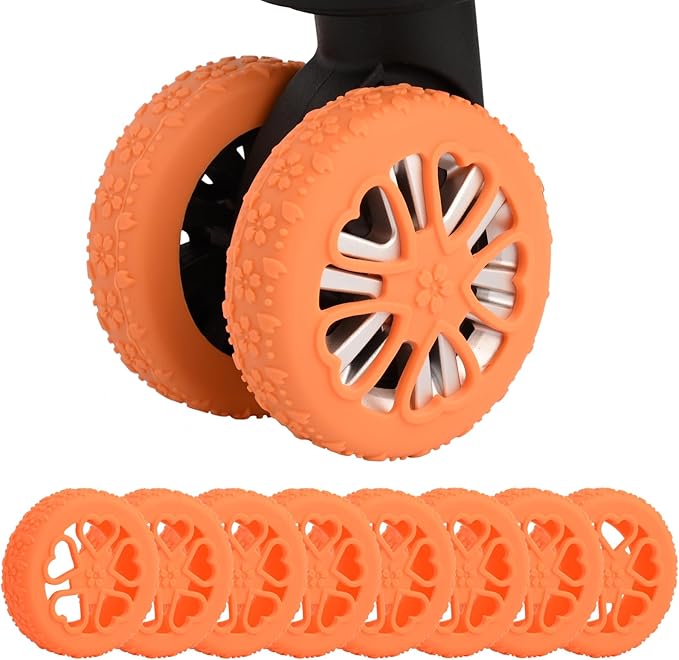 Luggage Wheel Protector, 8PCS Sakura Love Design - Premium Silicone Protectors for 2-2.4" Spinner Wheels Anti-Slip, Ultra-Quiet & Wear-Resistant Travel Accessories (Orange)