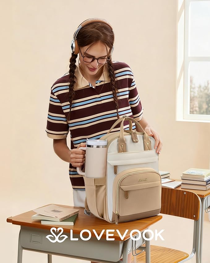 LOVEVOOK Laptop Backpack for Women with Giant Tumbler Holder Pocket,15.6 inch School College Bookbag Nurse Teacher Backpack,Work Travel Backpack Purse Laptop Computer Bag,Beige-Off-white-Earthy yellow