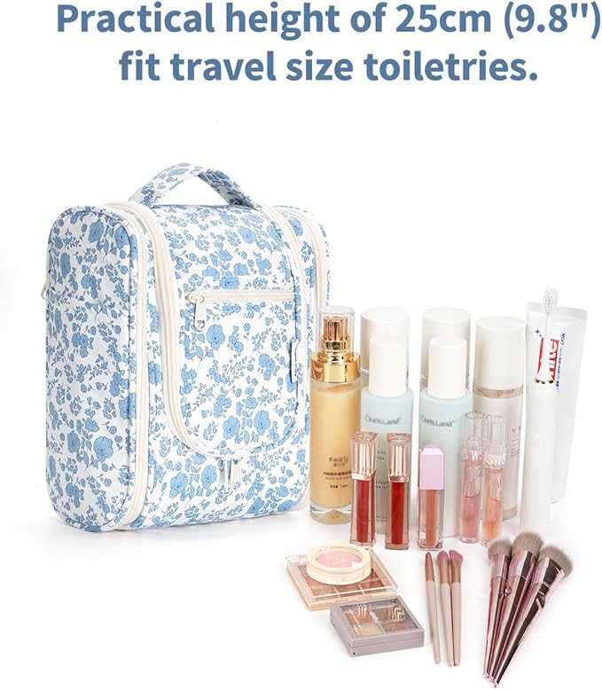 Narwey Hanging Toiletry Bag Women Travel Makeup Bag Organizer Toiletries Bag for Travel Size Essentials Accessories Cosmetics (Medium,Blue Flower)