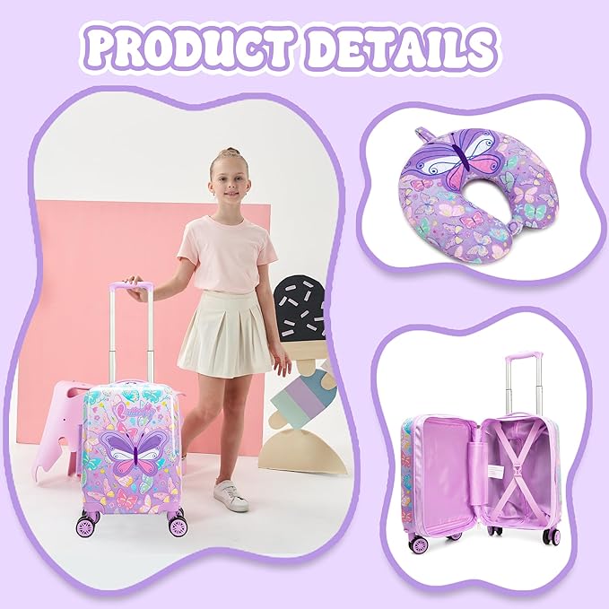 Kid's Luggage Set 5 Piece Suitcase Set 16" Hardside Luggage with Spinner Wheels Girls Carry on Toddler Travel Rolling Suitcase with Neck Pillow Airline Approved
