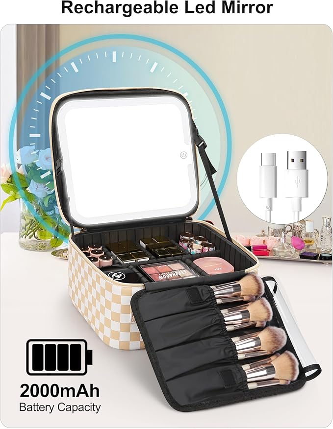Relavel Travel Makeup Bag With LED Mirror, Cosmetic Train Case with Light up Mirror, Portable Makeup Artist Organizer Bag with Adjustable Dividers, Makeup Brush Holder Storage, Plaid