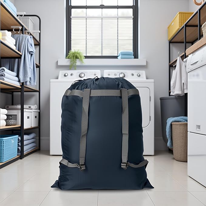 Laundry Bag Backpack, 27” x 34”Sturdy Laundry Bag with Shoulder Straps Drawstring Closure Heavy Duty Foldable Laundry Backpack for College, Travel, Laundromat, Apartment (navy)