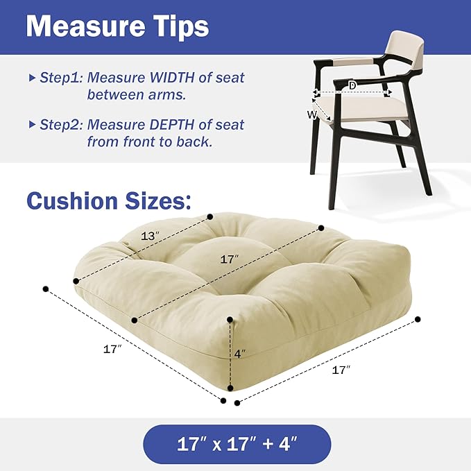 Outdoor Chair Cushions Set of 2, Patio Chair Cushions with Ties, 17x17+4” Tufted Outdoor Seat Cushions, Waterproof Patio Furniture Cushions, Outdoor Dining Chair Pads, Beige