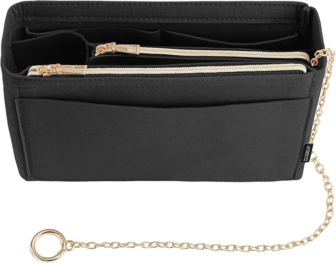 Purse Organizer Insert, Handbag Organizer with Zipper, Tote Shaper with Cup Holder & Keychain, Compatible with LV, Neverfull, MK, COACH, Longchamp, Kate Spade– Black-Sl. Med