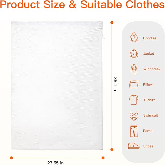 Extra Large Mesh Laundry Bag Heavy Duty Mesh Wash Bag with Drawstring Closure for College, Dorm, Travel, Family and Apartment Dwellers, 27 x 36 Inches, White