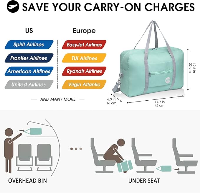 WANDF For Spirit Airlines Personal Item Bag 18x14x8 Travel Duffel Bag Underseat Foldable Carry-on Luggage for Women