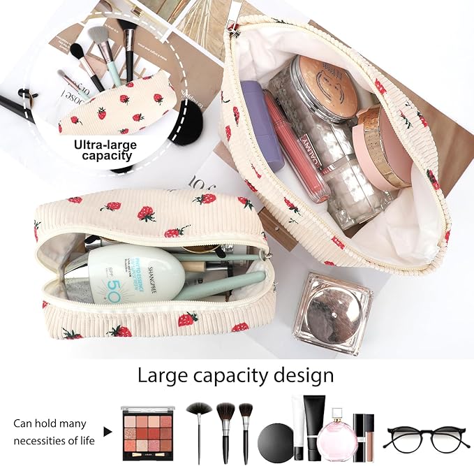 EIMMBD Makeup Bag 3 Pieces Large Capacity Cosmetic Bags Travel Toiletry Bag Organizer Cute Makeup Bag Storage for Women(Beige Strawberry)