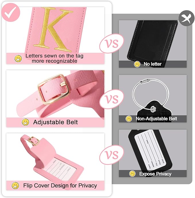 Personalized Initial Luggage Tags for Suitcases, Cute PU Leather Embroidered Letter Travel Luggage Tags, Suitcase Identifier Name Baggage Tag, Bag Tags for Men Women Kids Luggage Handbags(Pink K)