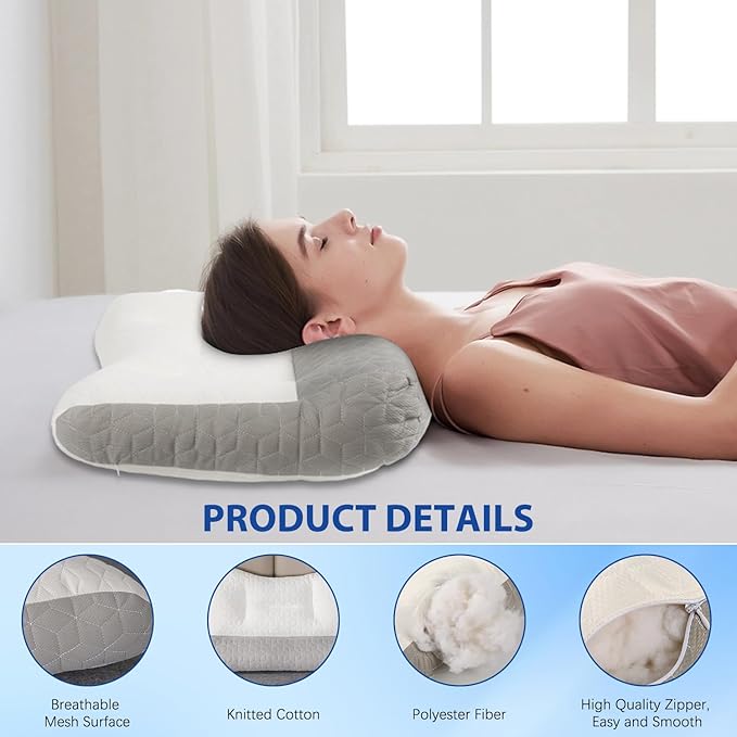 Ergonomic Pillow,Neck Pillow Cervical Pillow for Neck Strain Relief, Neck Pillow for Sleeping,Cervical Contour Neck Support Pillows for Side Back Stomach Sleeper (Grey)