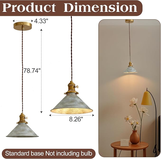 Rustic Pendant Light 2 Pack with Vintage Silver Metal Lampshade, Kitchen Island Pendant Light 6.5Ft Adjustable Hanging Lamp for Kitchen Island Dining Room Hallway