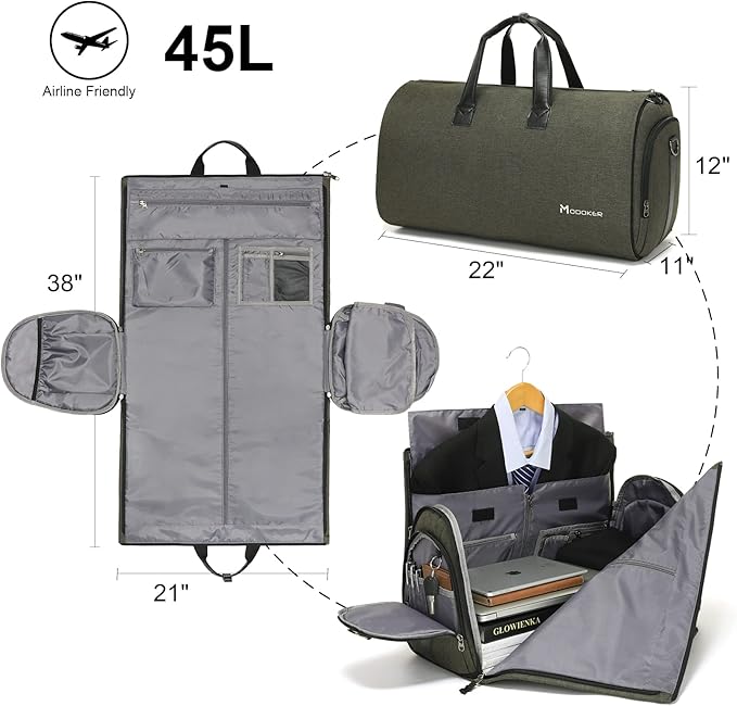 Modoker Convertible Garment Bag with Shoulder Strap, Carry on Garment Duffel Bag for Men Women - 2 in 1 Hanging Suitcase Suit Travel Bags,Forest Night
