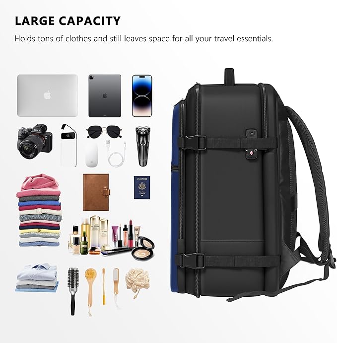 SUOCO Travel Vacuum Backpack with Portable Electric Pump, 45L Carry On Compression Seal Travel Backpack with Vacuum System, Traveling Packing Luggage Suitcase, Navy Blue