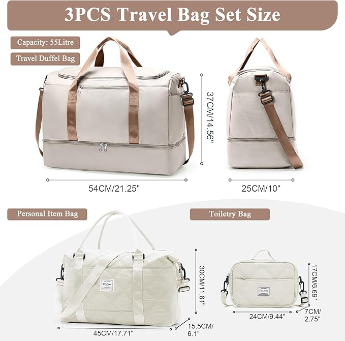 Extra Large Travel Duffle Bag,Carry on Overnight Bag with Shoes Compartment,Weekender Bags for Women for Travel Business Trips Sport Hospital,3 Pcs Set,Beige & Brown