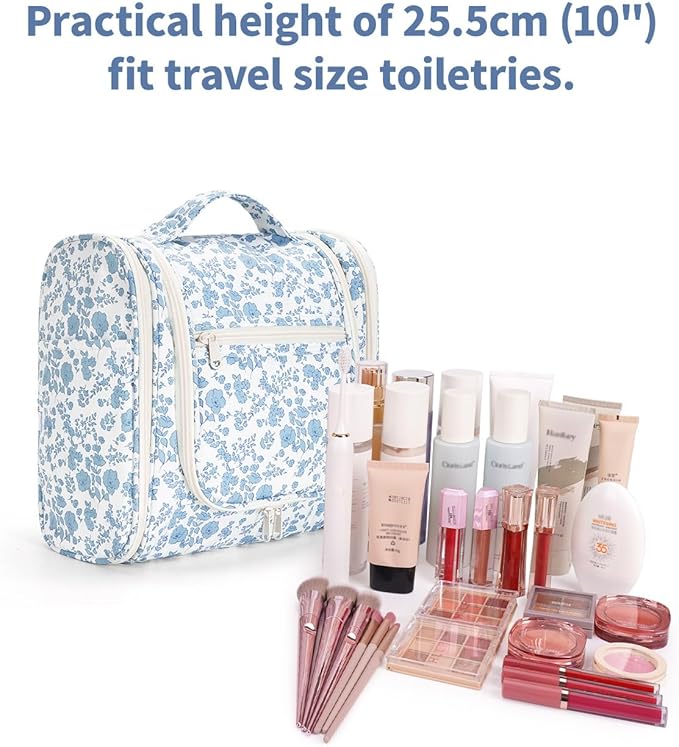Narwey Large Hanging Toiletry Bag for Women Travel Makeup Bag Make up Organizer Toiletries Bag for Cosmetics Essentials Accessories (Large, Blue Flower)