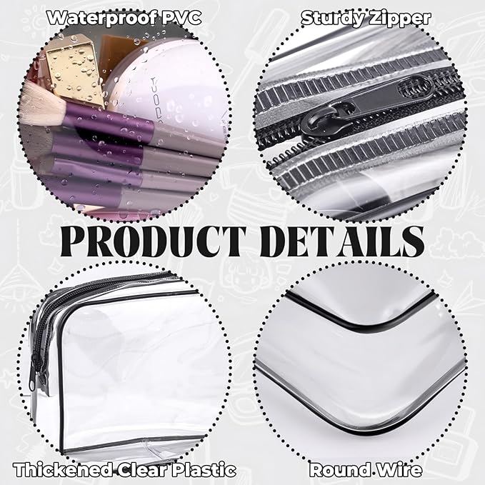 6 Pieces Clear Makeup Bags Bulk TSA Approved Toiletry Bag for Travel PVC Waterproof Clear Cosmetic Pouch with Zipper for Men and Women Carry-on Travel Essentials (Black)