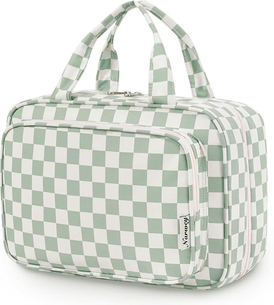 Narwey Travel Toiletry Bag for Women Large Capacity, Hanging Makeup Bag Organizer Toiletries Bag for Full Size Essentials, Accessories, Brushes, Cosmetics (Mint Green Checkerboard (Large))