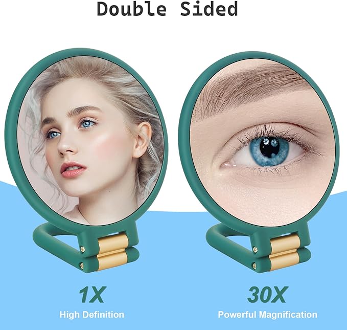 Sifolo 30x Magnifying Mirror, Travel Hand Mirrors with Handle - Double Side Handheld Mirror with 1X 30X Magnification & Adjustable Handle/Stand, Hand Held Foldable Travel Mirror for Makeup(Army Green)