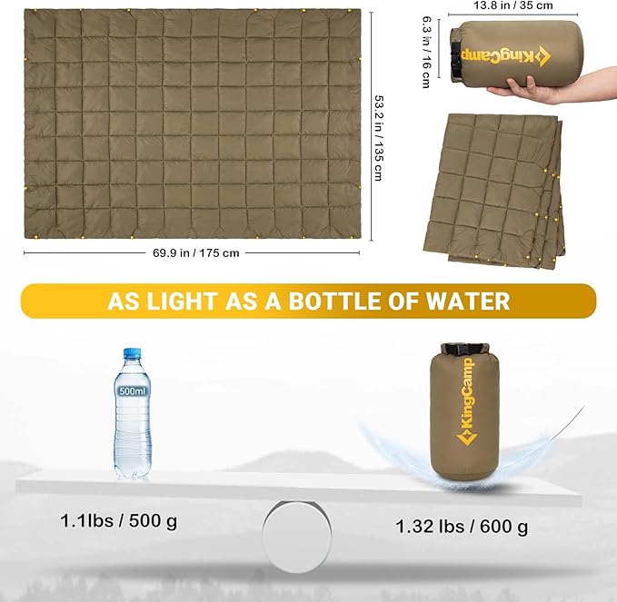 KingCamp Ultralight Camping Blanket, Packable Down Alternative Puffy Wearable Blankets Weatherproof Warm Package Quilt with Snap Buttons for Outdoor Hiking Travel Picnic Stadium (69" L x 53", Olive)