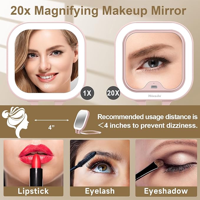 Mocado Compact Travel Makeup Mirror, 1X/20X Magnifying Mirror with Light, Double Sides Compact Mirror with 3 Color Light, Dimmable Handheld Mirror, Rechargeable Travel for Purse,Pocket(Pink)