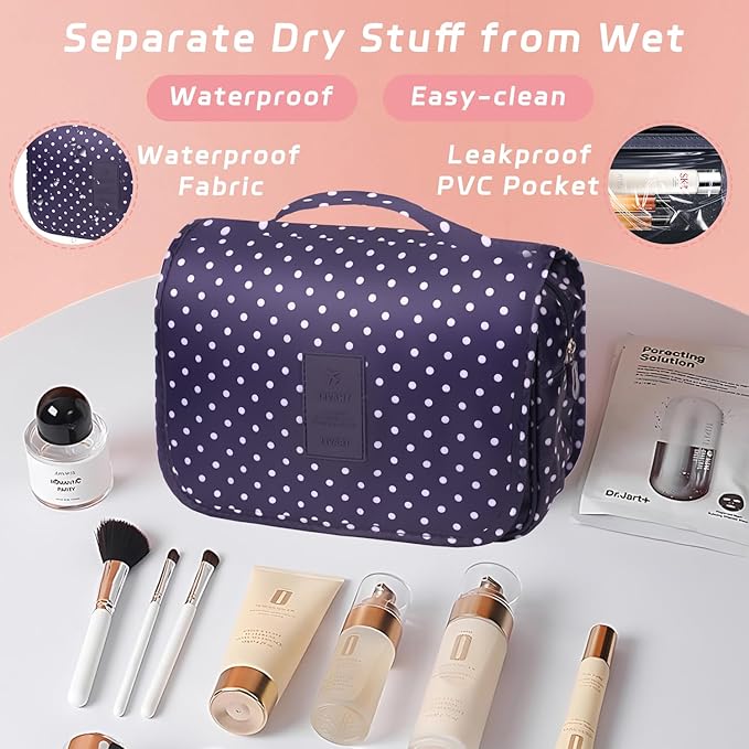 Toiletry Bag Travel Bag with Hanging Hook, Waterproof Capacity Hanging Multifunctional Makeup Bag for Toiletries, Portable Cosmetic Bag Travel Organizer for Women and Men(Navy Dot)