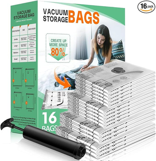 16 Pack Vacuum Storage Bags, Space Saver Bags, Compression for Comforters and Blankets, Sealer Clothes Storage with Hand Pump. (3J/3L/5M/5S)