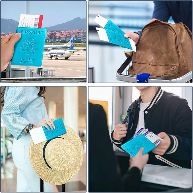 Passport Holder Cover Wallet Case RFID Blocking Leather Card Slot Travel Accessories Documents Organizer Protector for Women Men, Sky Blue