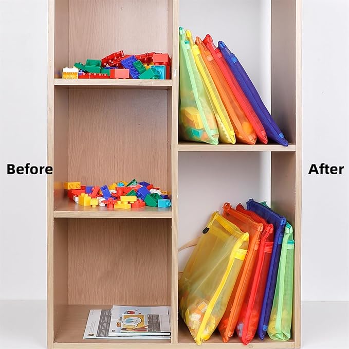 10 Pack 5 Color Mesh Zipper Pouch Bags, Nylon Puzzle Building Block Sets Toy Storage & Organization, Breathable See Through A4 Zipper Pouch with Handle for School Games