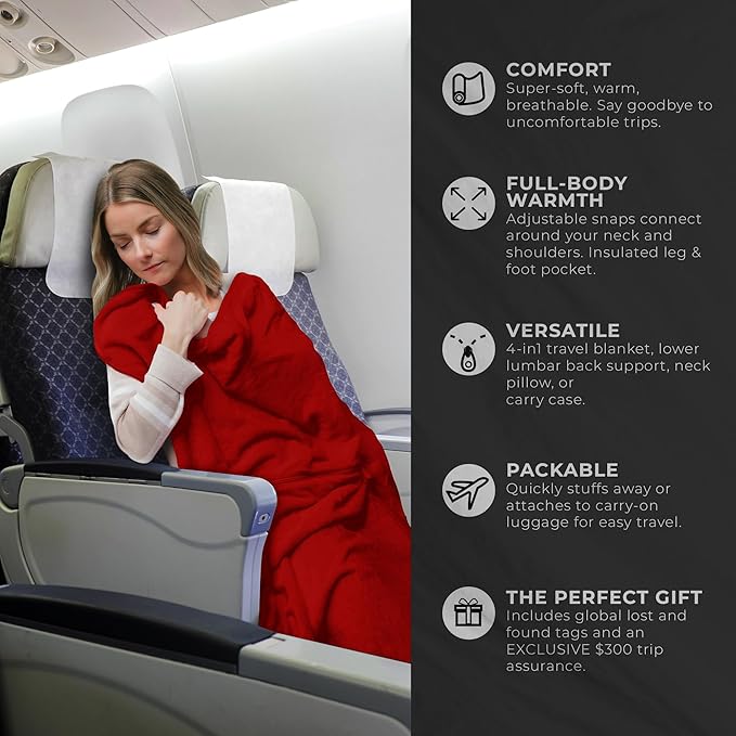 Zero Grid Lightweight Travel Blanket – Premium Compact Wearable Airplane Blanket with Neck Snaps, Cozy Foot Pockets, Zipper Pouch, converts to Soft Pillow for Ultimate Comfort - Scarlet