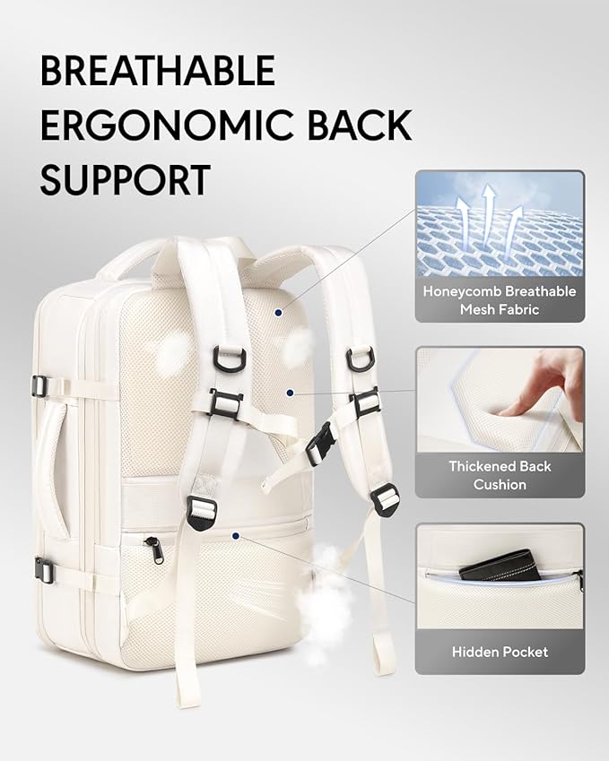 Dinictis Vacuum Seal Travel Backpack 60L Built-in Pump, Expandable Backpack with Vacuum Compression Fits 17 inch Laptop, Water Resistant Carry On Suitcase Luggage for Short Trip and Business-Beige