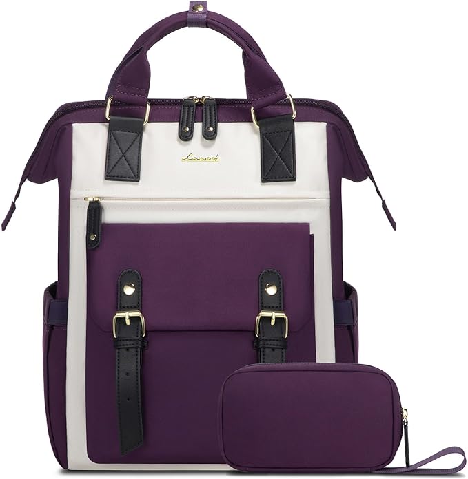 LOVEVOOK Laptop Backpack for Women, Teacher Nurse Bag Work Travel Computer Backpacks Purse,Water Resistant Daypack,Beige Purple 17.3in