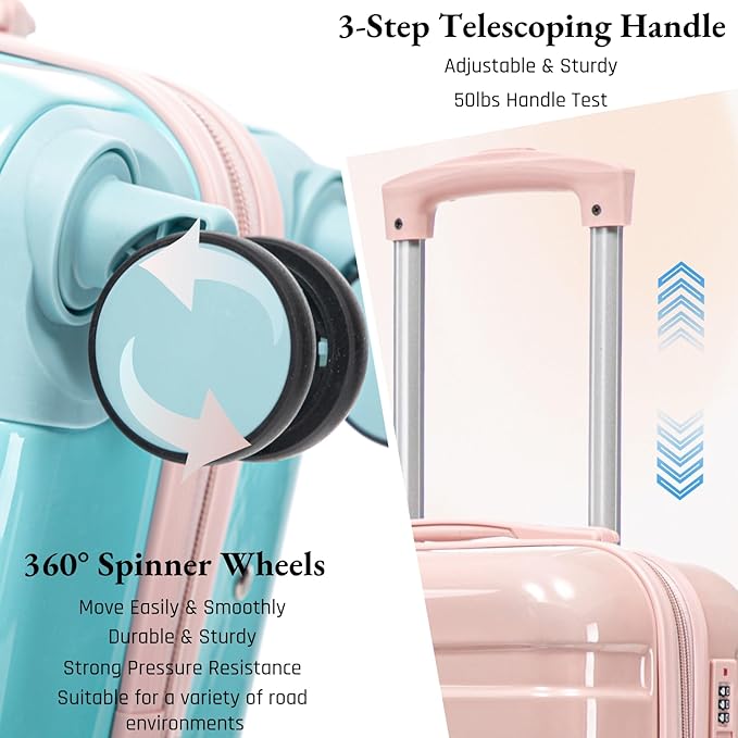 Gradient Pink-Light Blue Luggage Set 14" & 20" - 2 Piece PC Spinner Wheel Suitcases with Combination Lock, Lightweight Carry On for Business & Vacation