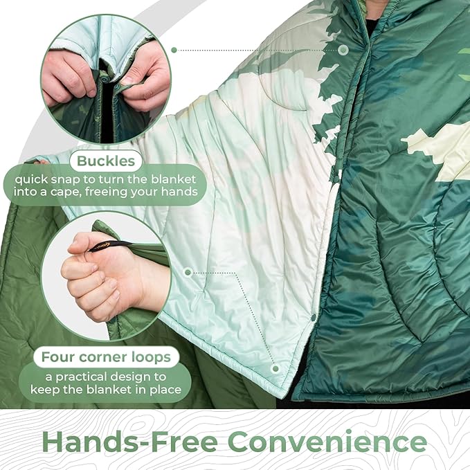 KingCamp Ultralight Camping Blanket, Packable Down Alternative Puffy Printed Wearable Blanket with Snap Buttons & Corner Loops Weatherproof Quilt for Outdoor Travel Stadium (78.7"L x 57.1"W, GREEN)