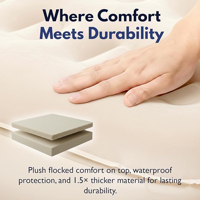 King Koil Luxury Queen Size Air Mattress with High-Speed Built-in Pump, Blow Up Bed Top Side Flocking, Puncture Resistant, Double High Inflatable Airbed Guests or Travel 1-Year Warranty