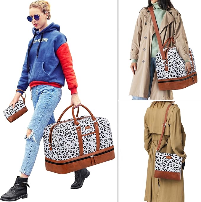 Weekender Bag for Women, Large Overnight Bag Canvas Travel Duffel Bag Carry On Tote with Shoe Compartment 21" 3Pcs Set