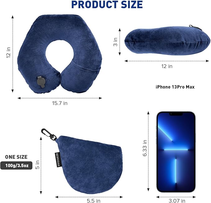 Rewondah Neck Pillows for Travel, Inflatable Travel Pillow, Inflatable Neck Pillow for Traveling Airplane with Soft Velour Washable Cover, U Shape Blow Up Neck Pillow for Airplanes Train Car Travel