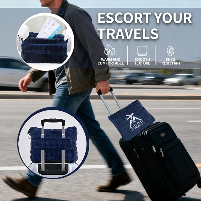 Travel Blanket and Pillow-2-in-1, Ultra-Soft&Compact,Airplane Blanket with Hand Luggage Belt and Backpack Clip,Travelers Accessories Gifts, 61x43 Inches（Navy）